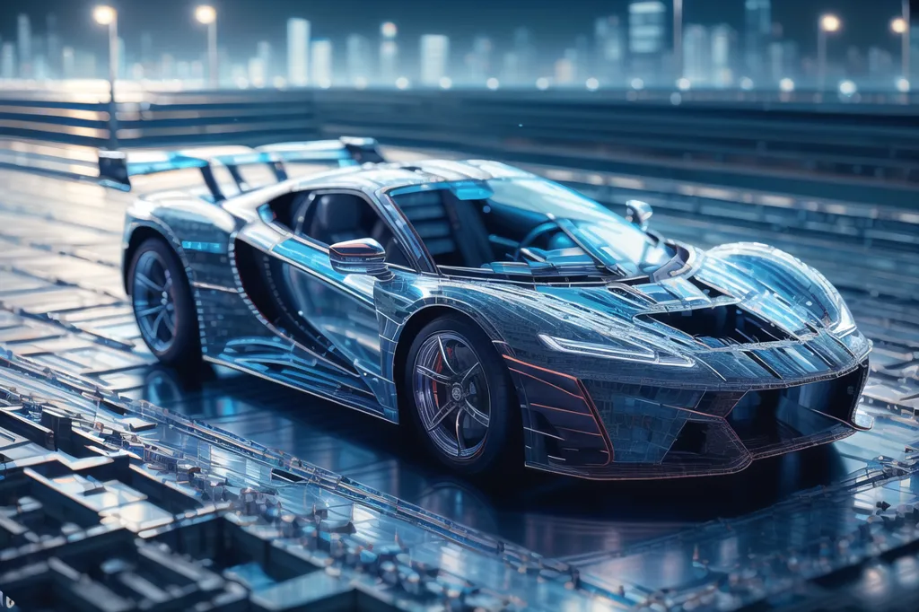 This is a science fiction illustration of a futuristic car. It is a sleek and stylish vehicle with a blue metallic finish. The car is shown parked in a dark and rainy city. The city is full of tall buildings and skyscrapers, and the lights from the buildings are reflected in the car's finish. The car is also covered in a blue glow. The car is in the foreground and the city is in the background. The car is a concept car and is not currently available for purchase.