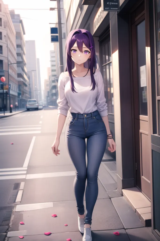 The image is of a young woman with purple hair and purple eyes. She is wearing a white shirt, blue jeans, and white sneakers. She is walking down a city street with a confident expression on her face. The background is blurred, but it looks like there are buildings and cars on either side of the street. The woman is in the foreground and she is the main focus of the image. She is looking at the viewer with a slight smile on her face. Her hair is long and flowing, and her eyes are bright and sparkling. She is wearing a casual outfit, but she still looks very stylish. She is confident and self-assured, and she looks like she is enjoying her day.