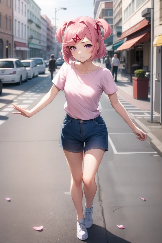 The image shows a young woman with pink hair and purple eyes. She is wearing a white shirt, blue shorts, and white sneakers. She is walking down a city street, and there are buildings and cars in the background. The woman is smiling and has her arms outstretched.