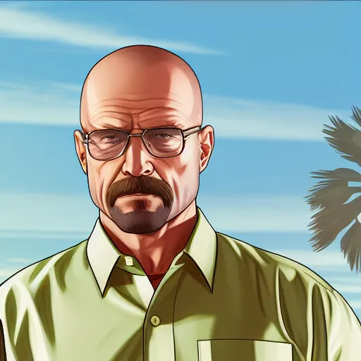 The image is a depiction of Walter White from the TV series Breaking Bad in the style of the video game Grand Theft Auto V. He is bald and has a mustache and is wearing glasses, a green button-down shirt, and a white T-shirt. He is standing in front of a blue background with a palm tree in the distance.