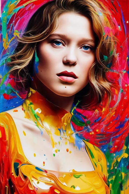 The image is a portrait of a woman with short blonde hair. She has blue eyes and full lips. She is wearing a yellow dress and a red scarf is wrapped around her neck. The background is a bright yellow. The painting is done in a realistic style, but the colors are very vibrant. The woman's expression is serious and thoughtful. She is looking at the viewer with her head tilted slightly to the right. The painting is very beautiful and captures the woman's beauty and personality.