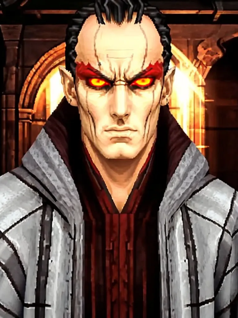 The image shows a man with pale skin and red eyes. He is wearing a white shirt and a black jacket. He has a stern expression on his face. He looks like he is about to cast a spell.