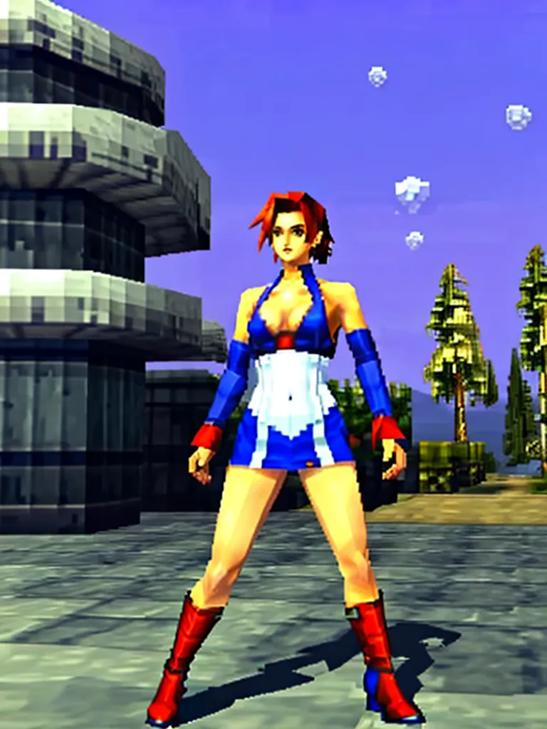 L'image montre un personnage féminin en 3D rendu avec des cheveux rouges et des yeux bleus. Elle porte une combinaison bleue et blanche avec une ceinture rouge et des bottes rouges. Elle est dans une position de combat dans ce qui semble être une rue de la ville avec un grand bâtiment en arrière-plan.