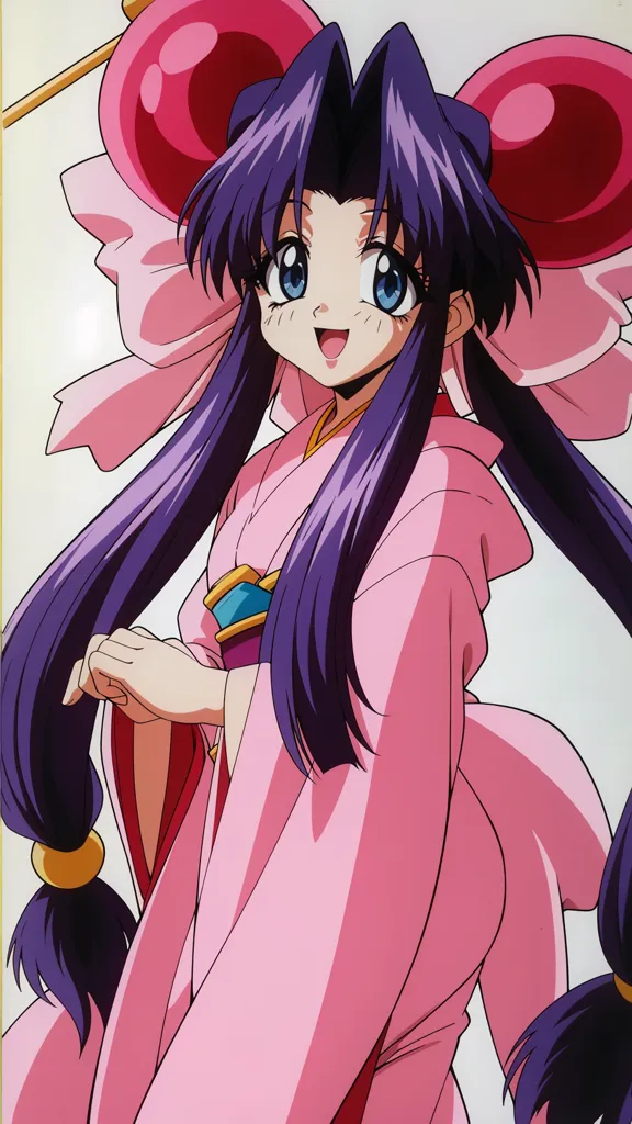 La imagen es de una mujer joven con el cabello morado y ojos azules. Lleva un kimono rosa con un obi blanco y tiene un gran lazo rosa en el cabello. Está sonriendo y tiene las manos juntas frente a ella. Parece que es de una serie de anime.