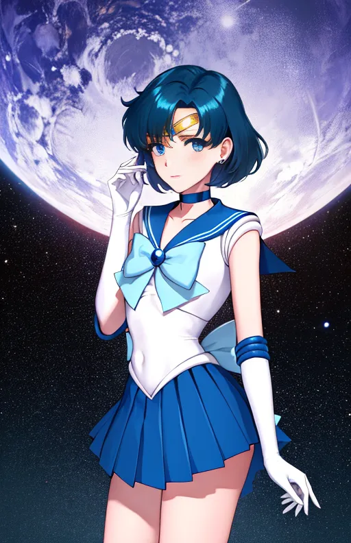 This image shows a young woman with short blue hair. She is wearing a blue and white sailor fuku with a red bow. She has a crescent moon on her forehead and is standing in front of a blue and white background with a large moon in the top left corner. The woman is looking at the viewer with a serious expression.