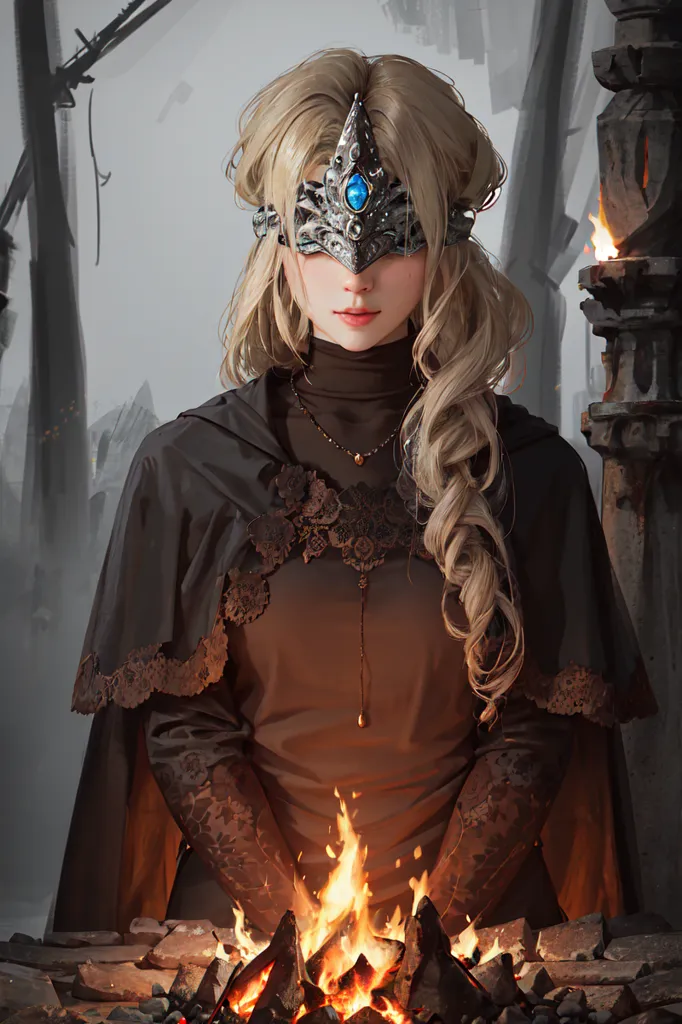 Cette image montre une femme aux longs cheveux blonds et aux yeux bleus. Elle porte une robe noire avec un col blanc et un cape noire avec une bordure en fourrure blanche. Elle porte également une couronne d'argent avec une pierre bleue au centre. Elle est à genoux devant un feu avec un air sérieux sur le visage.