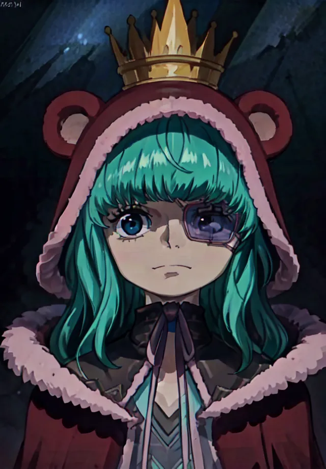 The image shows a young girl with green hair and blue eyes. She is wearing a pink and white bear-eared hoodie with a gold crown on top of her head. The girl has a serious expression on her face and is looking at the viewer with her left eye covered by an eyepatch.