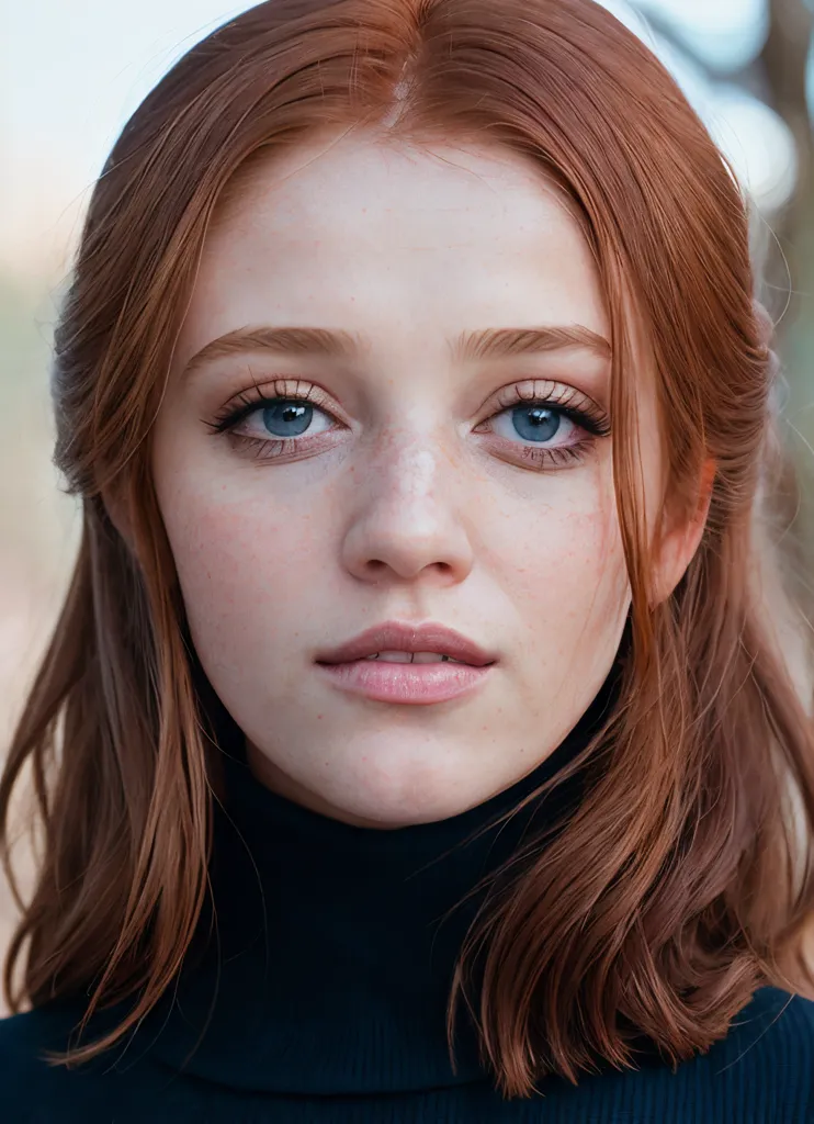 The image is a portrait of a young woman with long, red hair and blue eyes. She is wearing a black turtleneck sweater. The background is blurry and looks like it is a forest. The woman's expression is serious and thoughtful. She is looking directly at the viewer.