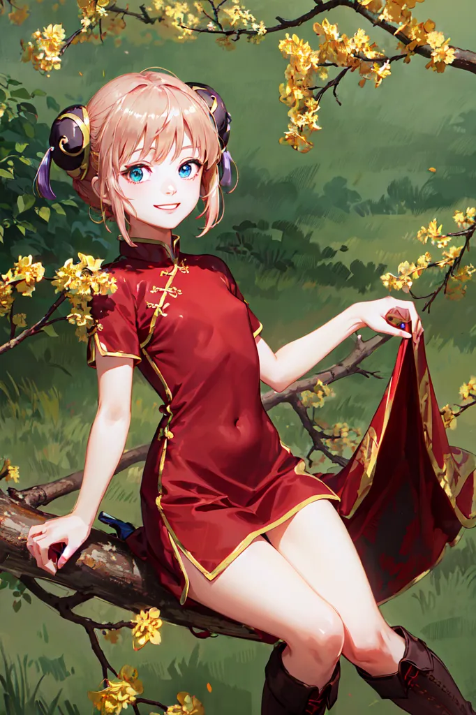 This image shows a young woman with short blonde hair and blue eyes. She is wearing a red cheongsam with yellow and white trim and black boots. She is sitting on a tree branch and has one hand holding the branch and the other hand holding the edge of her cheongsam. There are yellow flowers in the tree. The background is green and out of focus.