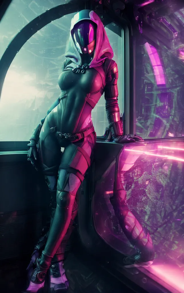 Esta é uma imagem de uma mulher alta e esguia em pé em uma nave espacial futurista. Ela está usando um traje colante com um capuz e uma máscara que cobre a boca e o nariz. O traje é roxo escuro com detalhes em roxo claro e branco. Ela também está usando um par de luvas e botas. A mulher está em pé em frente a uma grande janela, que mostra a vista de um planeta com uma atmosfera rosa. Há também algumas pequenas plantas brilhantes em primeiro plano. A mulher olha para a câmera com uma expressão séria.