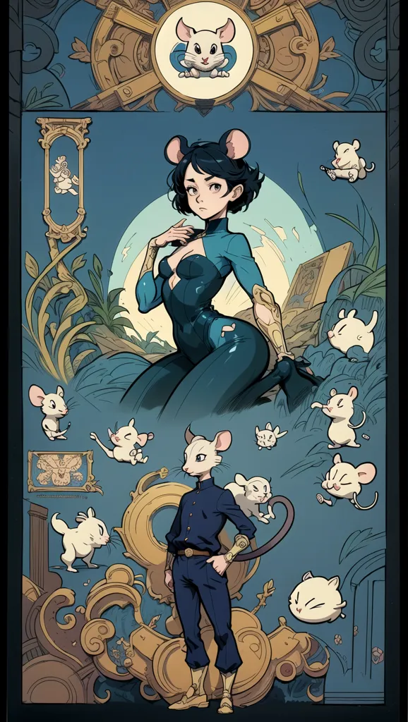 The image is of a young woman with short black hair and blue eyes. She is wearing a blue bodysuit with a white collar and a pair of brown boots. She is standing in a forest, and there are several mice playing around her. In the background, there is a large clock.