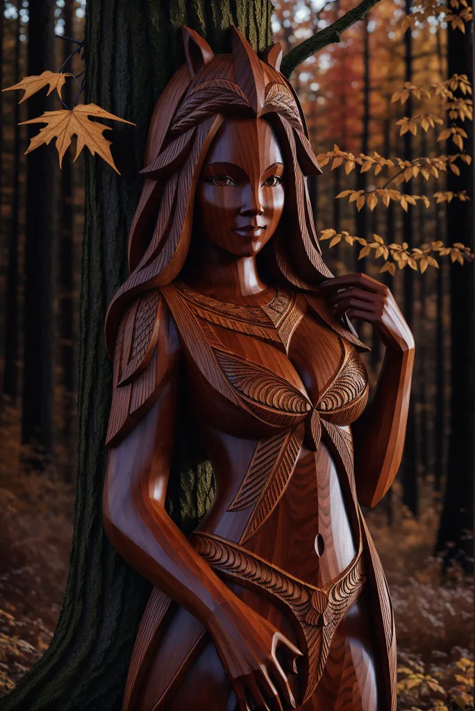 L'image est un rendu 3D d'une sculpture sur bois représentant une femme. La femme se tient debout dans une forêt et s'appuie contre un arbre. Elle a de longs cheveux ondulants et porte une robe faite de feuilles. Le visage de la femme est serein et elle semble apprécier la paix de la forêt. L'image est à la fois belle et apaisante, et elle évoque un sentiment de merveille et de mystère.