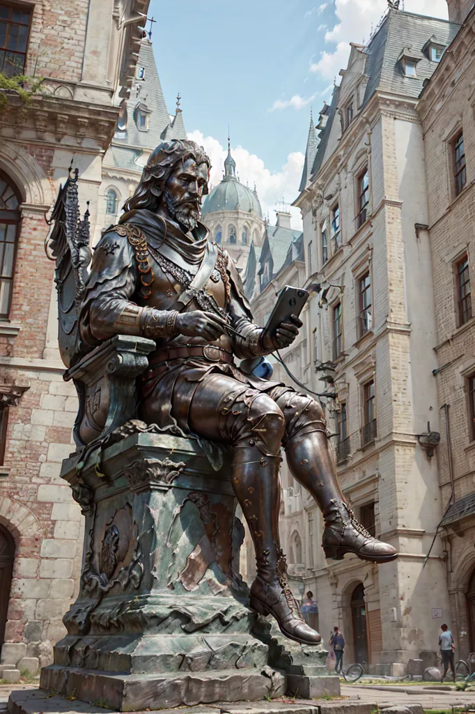 The image is a statue of a man sitting on a throne. The man is wearing a suit of armor and a cape. He has a beard and long hair. He is holding a smartphone in his right hand. The statue is made of bronze and is mounted on a stone pedestal. The statue is located in a city square. There are buildings in the background.