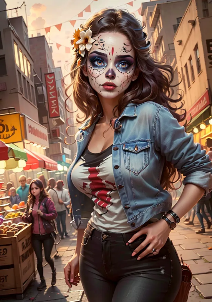 This is an image of a young woman, probably in her early 20s, with long, wavy brown hair and light blue eyes. She is wearing a white tank top, a blue denim jacket, and black jeans. She has a flower in her hair and is wearing a sugar skull-like face paint. She is standing in a street with a blurred background of people and buildings.