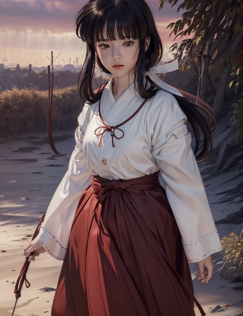 The image is a portrait of a young woman in a traditional Japanese kimono. She has long black hair and brown eyes. She is standing in a field of tall grass, with a large tree in the background. The sun is setting, and the sky is a gradient of orange and pink. The woman is holding a naginata, a traditional Japanese weapon. She is looking at the viewer with a serious expression.