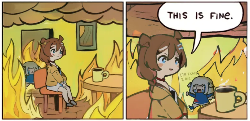 This is a two-panel comic. In the first panel, a brown-haired girl is sitting in a chair in a burning house. She has a cup of coffee in her hand and she is looking at the fire with a calm expression on her face. In the second panel, the girl is standing outside of the burning house, watching it burn. She is still holding the cup of coffee and she has a determined expression on her face. The text at the top of the second panel says \