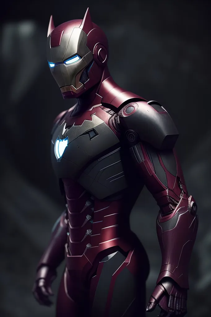 The image shows a man wearing a red and gray Iron Man suit. The suit has a glowing blue arc reactor on the chest, and the eyes are also glowing blue. The man is standing in a dark room, and there is a light shining on him from the left side. The suit is made of metal, and it has a lot of detail. The man is wearing a helmet, and there is a small opening for his mouth. The suit has a lot of different gadgets and weapons, and it is clear that the man is ready for battle.