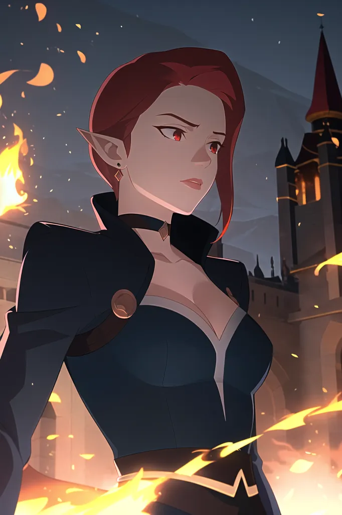 This is an image of a redheaded woman. She has pointy ears and is wearing a dark blue outfit. There is a castle in the background and flames on either side of her.