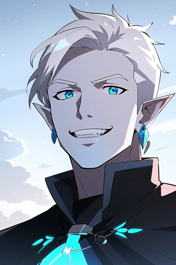 This is an image of a man with pale skin, white hair, and blue eyes. He has pointed ears and sharp teeth. He is wearing a black shirt with a white collar and a blue gem necklace. He has a confident smile on his face.