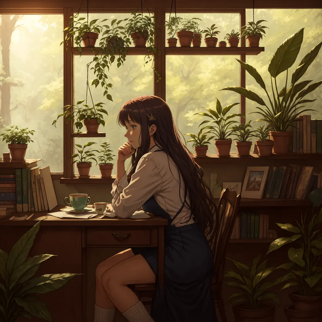 A girl is sitting at a desk in a room full of plants. She is wearing a white shirt, a blue skirt, and an apron. She has long brown hair and blue eyes. She is looking out the window, thinking about something. There is a cup of tea on the desk. There are books and plants on the shelves. The room is full of sunlight.