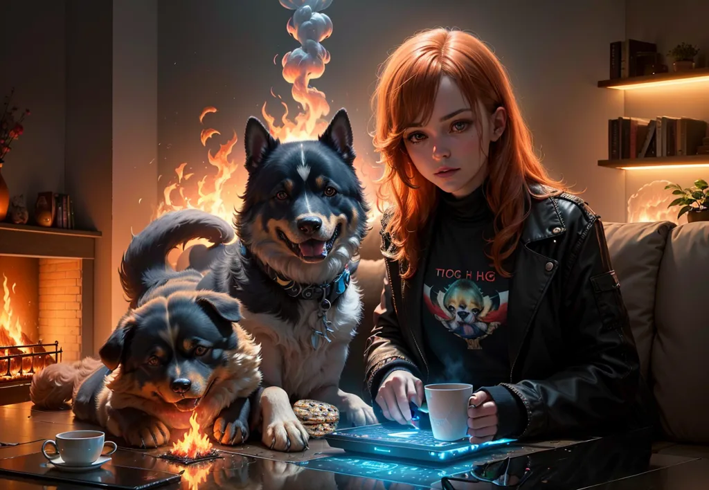 The image shows a young woman sitting on a couch in front of a fireplace. She has an orange cat and a black dog with her. The woman is wearing a black leather jacket and a t-shirt with a dog on it. She is holding a cup of coffee and is looking at a laptop. The cat is sitting on the couch next to her and the dog is sitting on the floor in front of her. The fireplace is lit and there are flames coming out of it. There are two coffee cups on the table. There are bookshelves on the wall behind the couch.