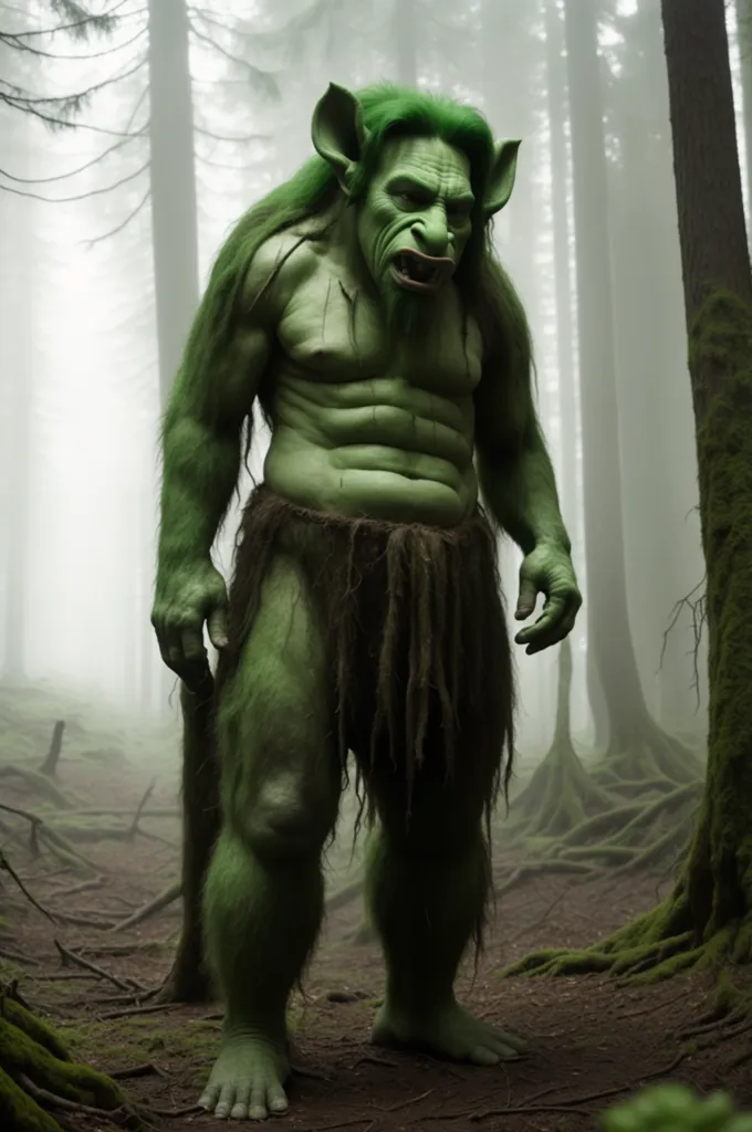 The image shows a tall, muscular, green-skinned humanoid creature with a large head and long, pointed ears. It is standing in a dark forest, surrounded by tall trees. The creature is wearing a loincloth made of leaves and has a scowl on its face. Its large, muscular arms hang at its sides, and its feet are wide and flat, like those of a bear. The creature's skin is covered in warts and bumps, and its teeth are sharp and pointed. Its eyes are a deep, piercing blue, and they seem to glow in the darkness.