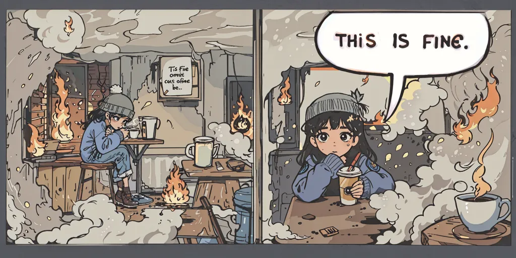 Gambar ini adalah komik dua panel. Di panel pertama, seorang gadis sedang duduk di ruangan yang terbakar. Dia sedang minum kopi dan melihat ke arah sebuah tanda di dinding yang bertuliskan "Tis fine. Fire omit cuz offline be.". Di panel kedua, gadis itu masih duduk di ruangan yang sama, tetapi api telah menyebar dan kini mengelilinginya. Dia masih minum kopi dan melihat ke arah tanda yang sekarang bertuliskan "This is fine.". Gambar ini digambar dengan gaya kartun, dan warnanya sebagian besar redup. Keseluruhan nada dari gambar ini adalah tenang.