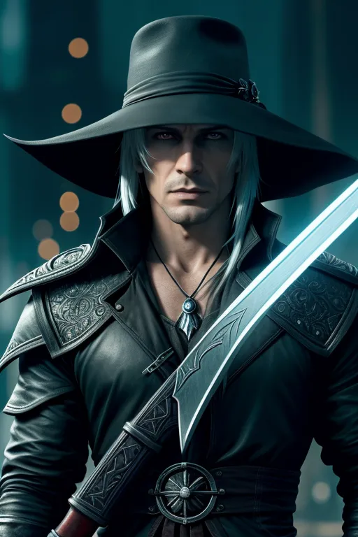 This is an image of a man wearing a black hat and a black leather coat. He has long white hair and blue eyes. He is also wearing a necklace with a blue gem in the center. He is holding a sword in his right hand. The background is blurred, but it looks like he is in a dark room.