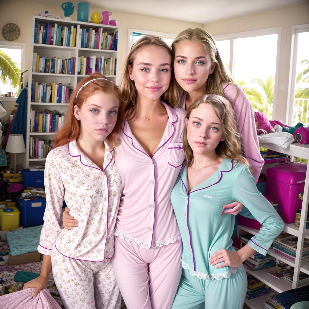 Four girls in pajamas are posing in a messy bedroom. The girl on the left has long red hair and is wearing a pink floral pajama set. She is smiling shyly at the camera. The girl next to her has long blonde hair and is wearing a pink pajama set with white lace trim. She has her arm around the redheaded girl's shoulder and is smiling at the camera. The girl in the middle has long blonde hair and is wearing a blue pajama set. She is looking at the camera with a serious expression. The girl on the right has long blonde hair and is wearing a pink pajama set. She has her hands on her hips and is looking at the camera with a confident expression.