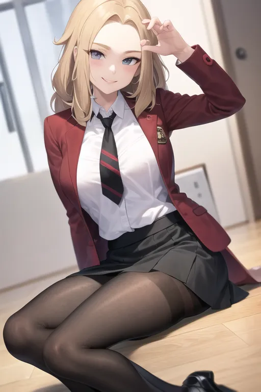 The image depicts a young woman with long blonde hair and blue eyes. She is wearing a white dress shirt, a red blazer, and a black skirt. She is also wearing a tie and black stockings. She is sitting on the floor with her legs crossed and has a slight smile on her face.