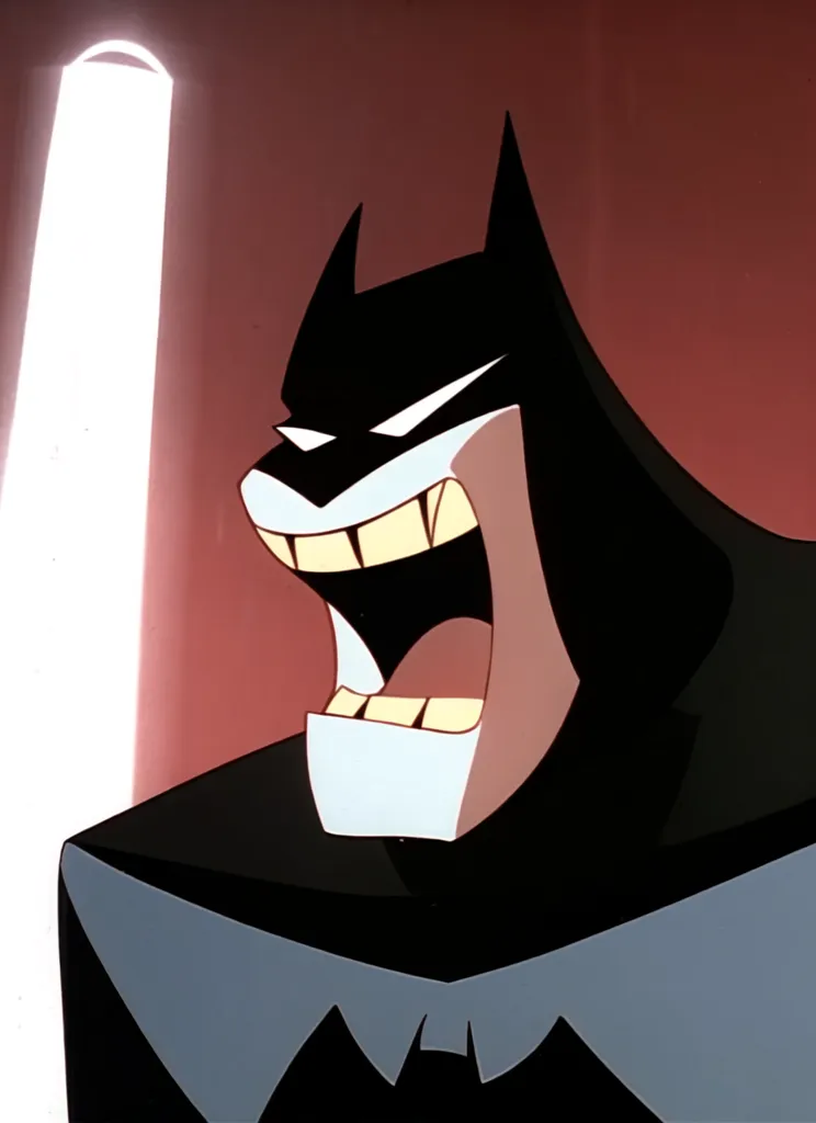 The image is of Batman, a superhero from DC Comics. He is standing in front of a red background, and his mouth is open in a wide smile. He is wearing his classic black and gray costume, and his cape is flowing behind him. The image is drawn in a cartoon style, and it is likely from a comic book or animated series.