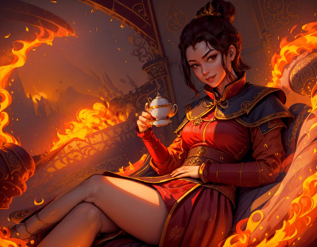 The image is of a young woman, with dark hair and brown eyes, wearing a red and gold dress, sitting on a couch. She is holding a white and gold teapot. There are flames surrounding her.