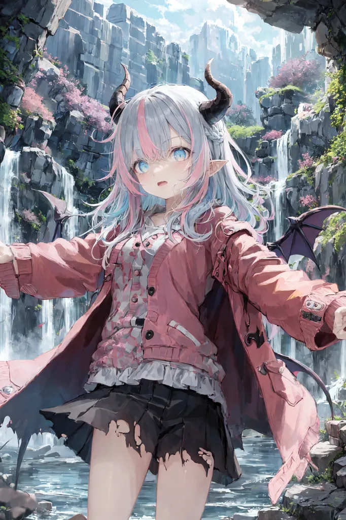 La imagen es de una chica de estilo anime con el cabello rosa y azul, cuernos negros y una chaqueta rosa de pie en una cascada. Lleva una blusa blanca y una falda negra. El fondo es una cascada con flores rosas creciendo en las rocas.