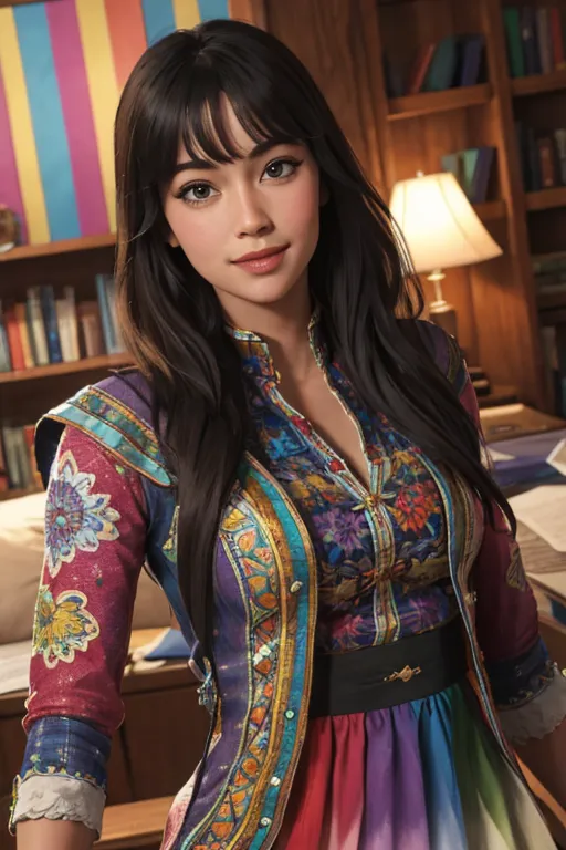 The image shows a young woman standing in a library. She is wearing a colorful traditional outfit with a long skirt and a fitted bodice. The outfit is decorated with intricate patterns and colorful embroidery. She has long dark hair and bangs, and her eyes are dark brown. She is standing in front of a wooden bookshelf, and there is a lamp on the shelf next to her.