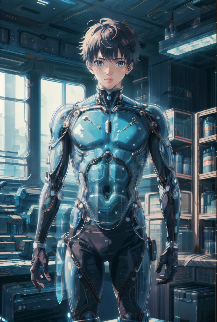 The image is of a young man with short brown hair and blue eyes. He is wearing a futuristic suit of armor that is blue and transparent in color. The suit of armor has various technological gadgets and gizmos on it. He is standing in a room that is full of various technological equipment and gadgets.