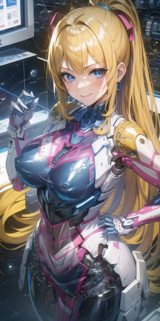 The image depicts a gynoid, which is a fictional female robot. She has long blonde hair tied in a ponytail, blue eyes, and a fair complexion. She is wearing a white and pink bodysuit with a metallic breastplate. She is also wearing a pair of gloves and boots. The gynoid is standing in a futuristic setting, surrounded by computers and other electronic equipment. She is smiling and looking at the viewer.