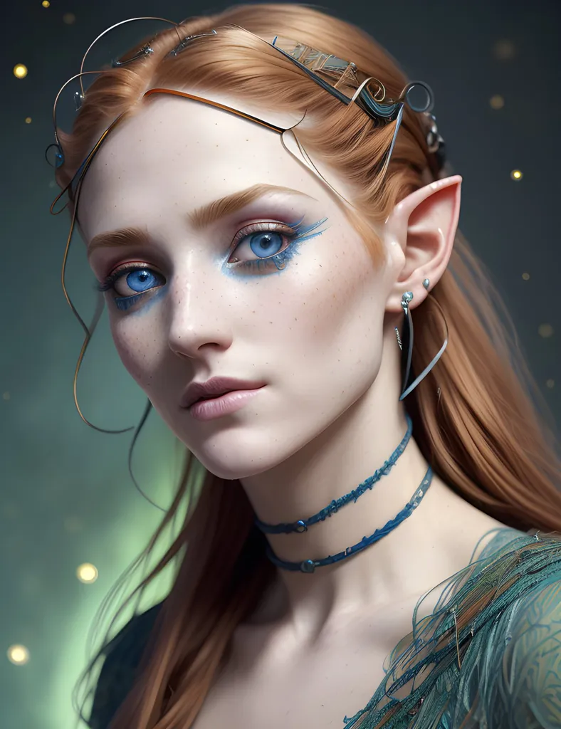 The image is a portrait of a beautiful young woman with long red hair, blue eyes, and pointed ears. She is wearing a circlet on her head and a necklace around her neck. Her skin is fair and flawless, and her eyes are bright and piercing. She is looking at the viewer with a serious expression. The background is a dark green blur.