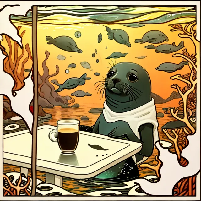 La imagen es un dibujo de caricatura de una foca sentada en una mesa en un restaurante submarino. La foca lleva una servilleta blanca alrededor del cuello y sostiene una taza de café con su aleta. La mesa está puesta con un platillo y una pequeña jarra de crema. La foca está mirando por la ventana a los peces que nadan. El restaurante está decorado con coral y otras criaturas marinas.