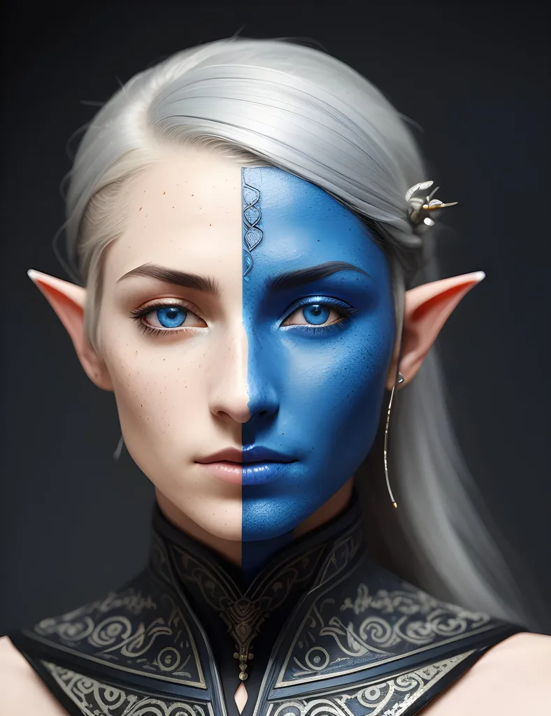 Gambar ini adalah potret seorang elf wanita dengan rambut putih panjang dan kulit biru. Setengah bagian kanan wajahnya dicat biru dengan desain perak yang rumit. Dia memiliki mata biru muda dan alis gelap. Dia mengenakan kalung perak dengan batu biru di tengahnya. Latar belakangnya berwarna abu-abu gelap.