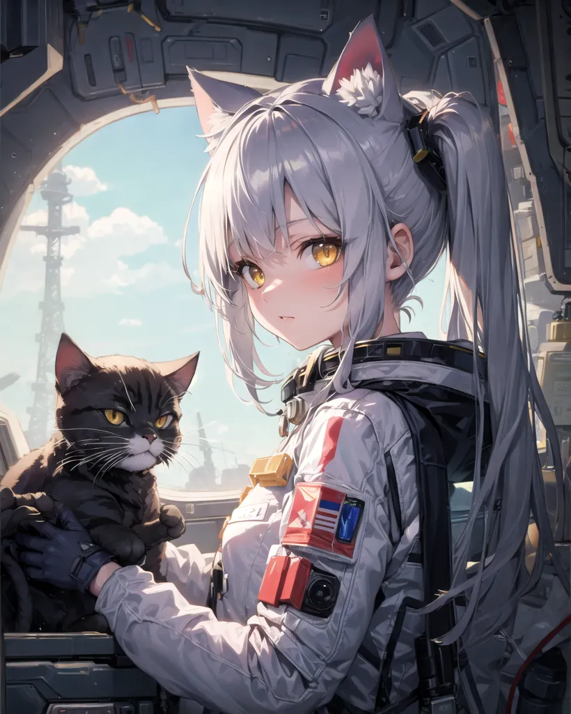The image is a painting of a young woman with cat ears and a cat. The woman is wearing a white spacesuit with a red and blue patch on her shoulder and a black glove on her right hand. She has long white hair and yellow eyes, and she is looking at the cat, which is sitting on her lap. The cat is black with white paws and a white belly, and it is looking up at the woman. The background of the image is a spaceship, with a large window showing a view of the Earth.