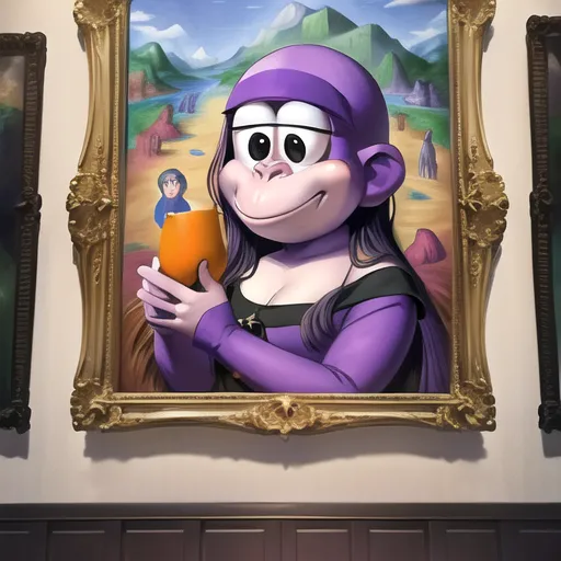 The image is a painting of a purple monkey in a purple dress. The monkey is sitting in a frame and is holding a glass of orange juice. The background of the painting is a landscape with mountains and trees. The painting is done in a realistic style and the monkey is depicted with great detail.