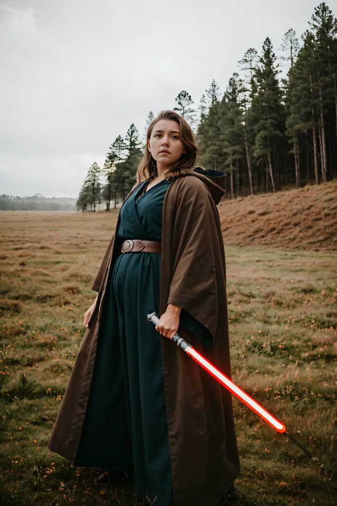 The image shows a young woman dressed in a Jedi costume. She is standing in a field, with a forest in the background. She is holding a red lightsaber. The woman is looking at the camera with a determined expression.