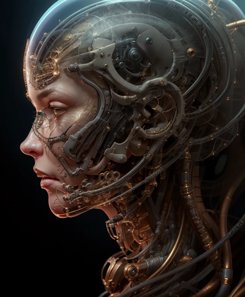 The image is a digital painting of a steampunk woman. She has a glass dome over her head, and her face is mostly covered in metal and wires. Only her eyes and part of her nose are visible. She is wearing a black and gold steampunk outfit, and her body is covered in intricate tattoos. The background is dark, with a spotlight shining down on her. The painting is done in a realistic style, and the details are amazing.