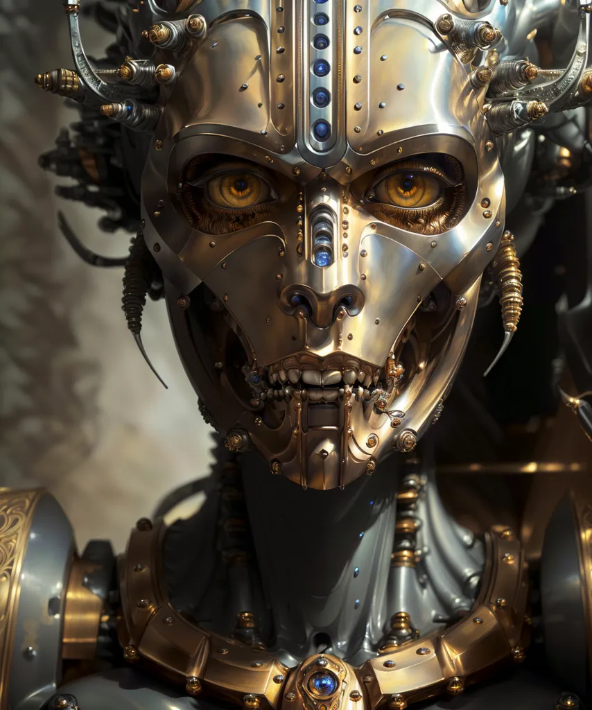 The image is a close-up of a female robot's head. The robot is made of metal and has golden eyes. It is wearing a headdress and has a lot of wires and tubes attached to its head. The background is out of focus and is a dark color.