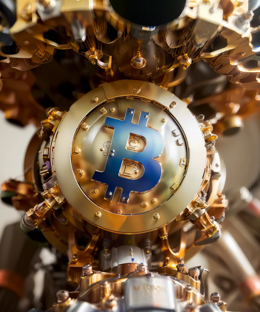 The image is a close-up of a gold-colored mechanical device. The device has a large, blue Bitcoin symbol in the center. The symbol is surrounded by a series of gears and other mechanical parts. The device is made of metal and has a steampunk aesthetic.