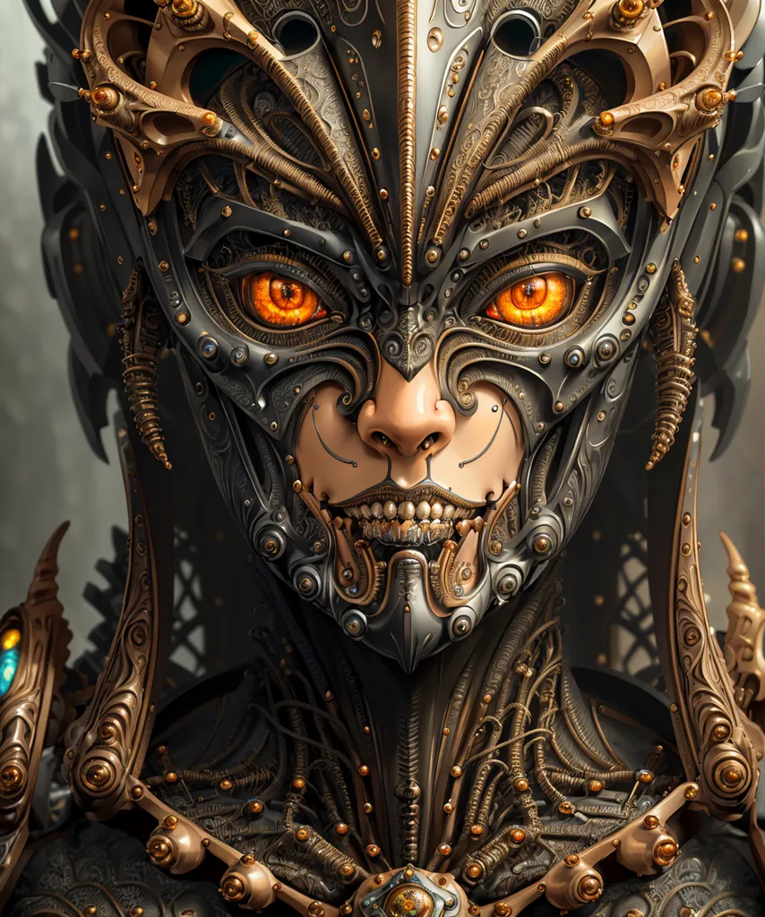 The image is a portrait of a female cyborg. She has a metallic face with glowing orange eyes. Her face is partially covered by a mask or helmet with intricate golden decorations. She is wearing a black and gold ornate outfit. The background is dark with some glowing elements.