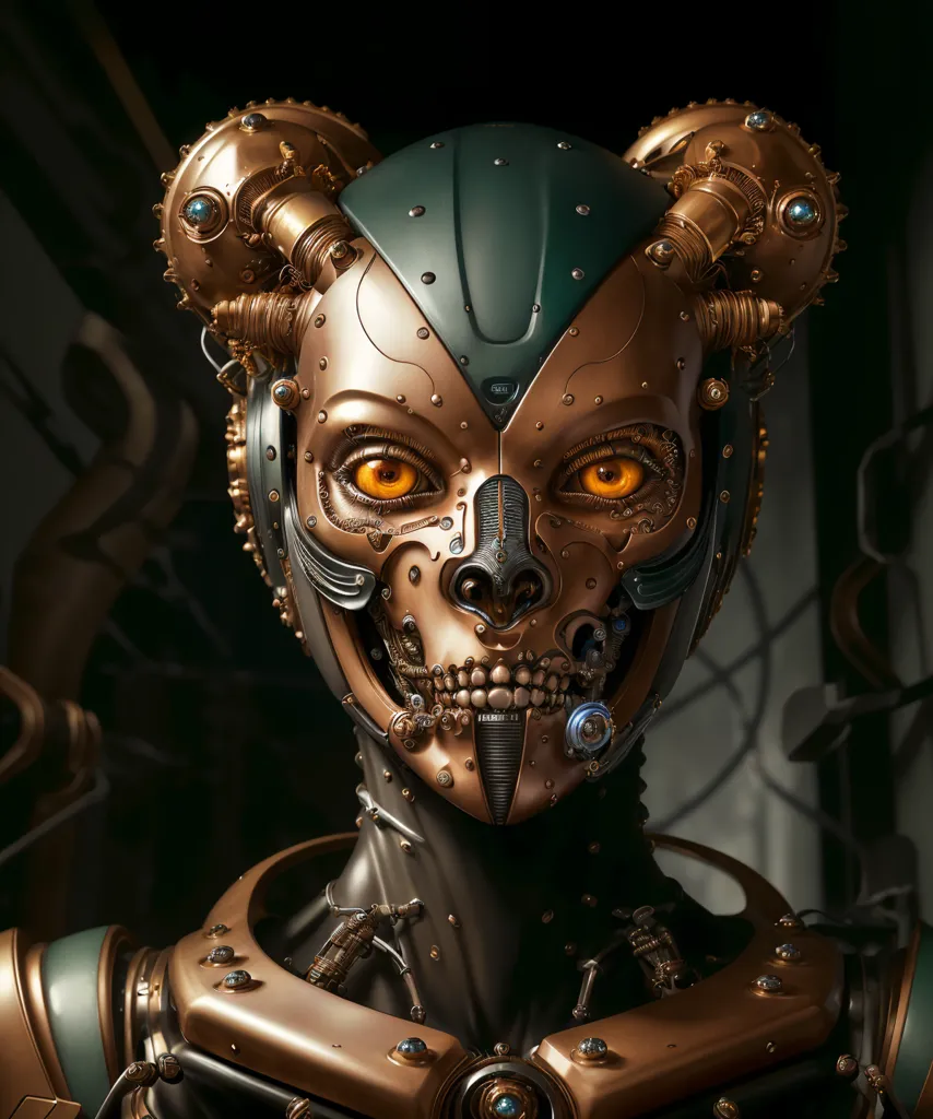 The image is a portrait of a steampunk female robot. She has a metallic skull with glowing yellow eyes and a mouth with a breathing tube. She is wearing a bronze-colored helmet with horns and a green visor. The robot's body is made of a variety of steampunk accessories including gears, rivets, and wires.