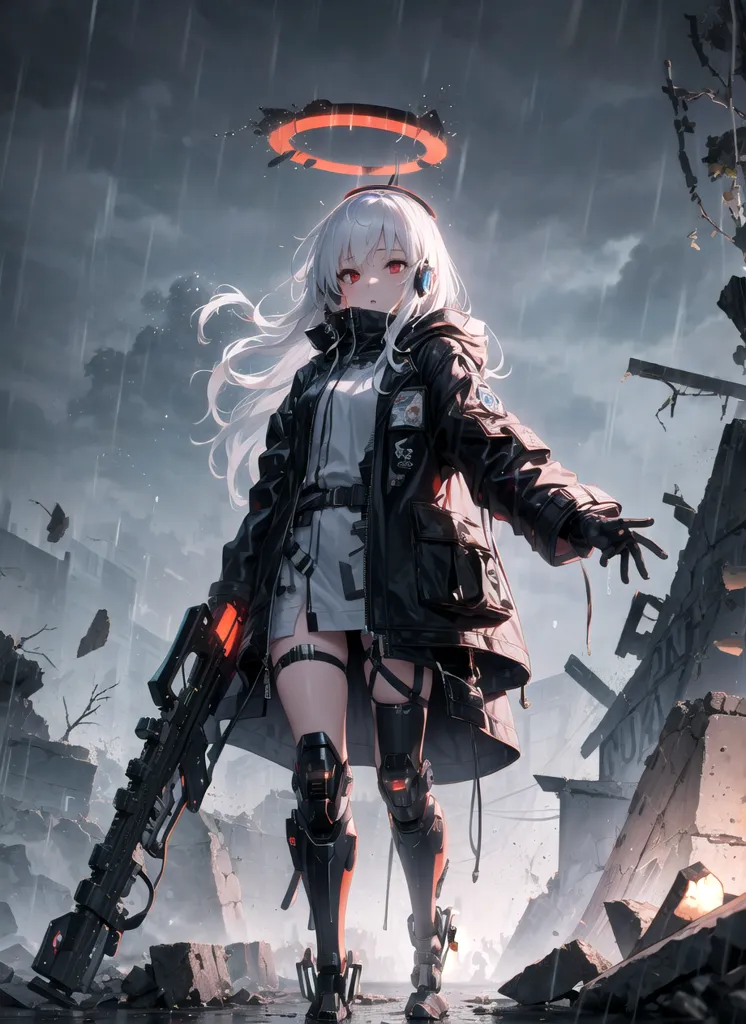 The image is of an anime girl with long white hair and red eyes. She is wearing a black jacket, a white shirt, and black shorts. She is also wearing a pair of headphones and a halo. She is standing in a ruined city, and there is a large gun on the ground next to her. The girl is looking at the viewer with a serious expression.