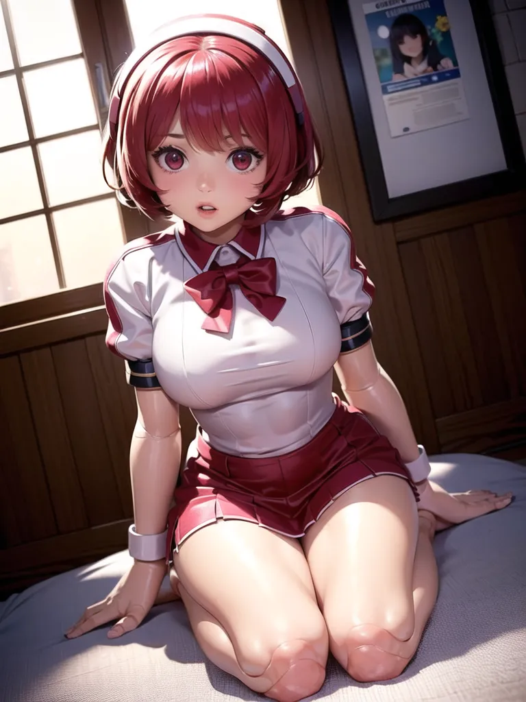 The image depicts a young woman with a slim build and fair skin. She has red hair that is styled in a short bob with bangs, and her eyes are a bright pink color. She is wearing a white blouse with a red bow at the collar and a pleated red skirt. The blouse is untucked and slightly off of her shoulders. She is also wearing a pair of white socks and brown shoes. She is kneeling on a cushioned bench with her hands on her thighs. There is a picture frame on the wall behind her.