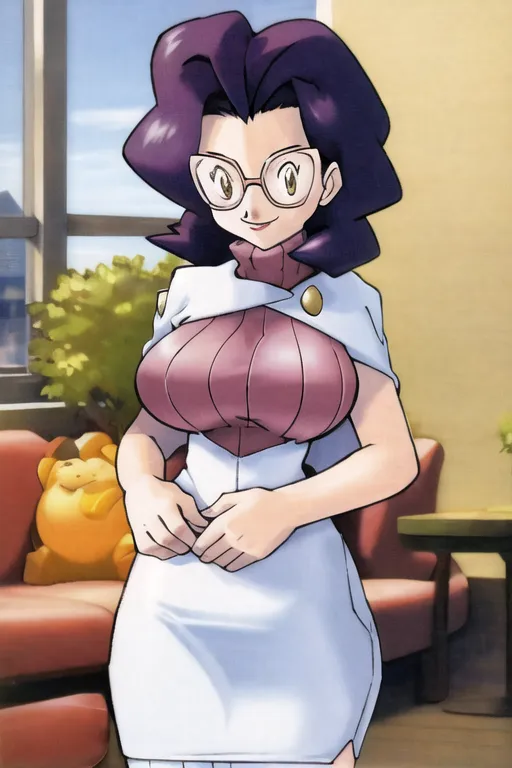 The image is of a woman with purple hair and glasses. She is wearing a white lab coat with a purple turtleneck sweater underneath. She has a large bust and is smiling at the viewer. There is a yellow creature on the couch behind her.